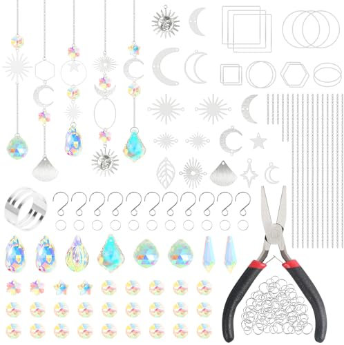 200 Stück Sonnenfänger Bastelset, Sonnenfänger Kristall Bastelset, Kristalle Deko Anhänger, Windspiel Basteln mit Kristall, Regenbogen Sonnenfänger Kristall für Wohnzimmer Fenster Garten (Silber)