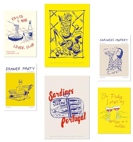 Nacnic-Set mit 6 Postern Illustrationen von Lebensmitteln und Essen im gelben Pop-Art-Stil Designillustrationen zur Dekoration der Wände Ihres Zuhauses. Räume A3 & A4 Rahmenlos
