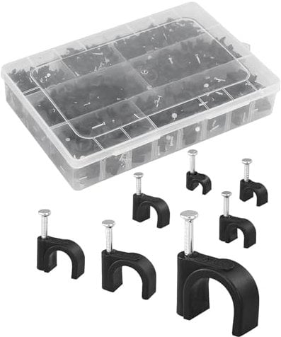 LONGDENEKHALIQ 600PCS 7 Sizes Black Cable Clips, 4-12 mm, Assortment, Wall Clips, Wire Tacks, Armoured Cable Clips, Ethernet, Telephone, TV Wire