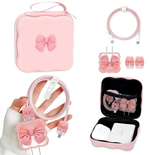 DiyGody Kabel Organizer mit Ladekabelschutz Set Kompatibel mit iPhone, Kabeltasche Elektronikzubehör Organizer aus Wasserdichtes Eva, Datenleitung Draht USB-C Kabelschutz mit 3D Fliegen Muster, Rosa
