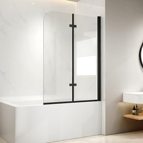 EMKE Duschwand für Badewanne 110x140 cm Schwarz, Badewannenaufsatz 2-teilig Faltbar Badewanne Duschwand, Duschtrennwand für Badewanne Badewannenfaltwand 6 mm Sicherheitsglas Duschabtrennung Badewanne