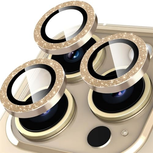 Rainway Camera Lens Protector for iPhone 13 Pro/iPhone 13 Pro Max, Glitter Decoration Individual Lens Protectors, Ultra-tough HD Tempered Glass with Aluminum Rim, Ultra-thin, Gold
