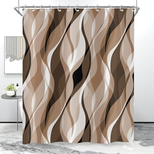 Hnmdmyi Rideau de Douche Marron 180x200, Moderne Abstrait Marron et Gris Rayé Imperméable Tissu Polyester Lavable Rideau de Bain pour Salle de Bain avec Crochets