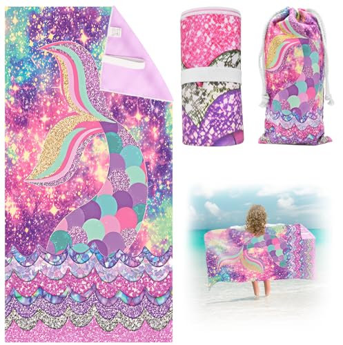 Cyiecw 75x150 cm Meerjungfrau Strandtuch für Mädchen, Schnell Trocknend Strandhandtuch mit Tasche, Mikrofaser Badetuch Ultra Saugfähig für Strand Reise Schwimmen (1)