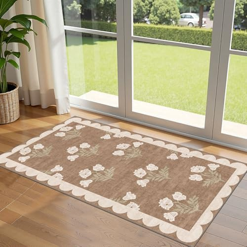 Othilic Front Door Mat Indoor Entrance, 2x4.3 Tan Boho Floral Farmhouse Rug | Washable Layered Doormat Outdoor Entrance Porch Rug Non-Slip Runner Rug for Kitchen Hallway Bedroom Laundry Room Porch Decor