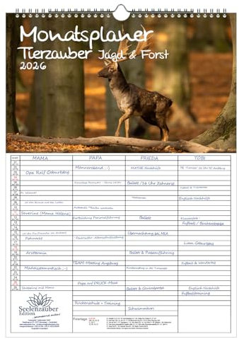 Tierzauber Jagd & Forst Planer Familienplaner 4 Spaltenplaner DIN A3 Kalender für 2026 - Set: 1x Kalender 1x Weihnachts- 1x Grußanhänger (3 Teile)