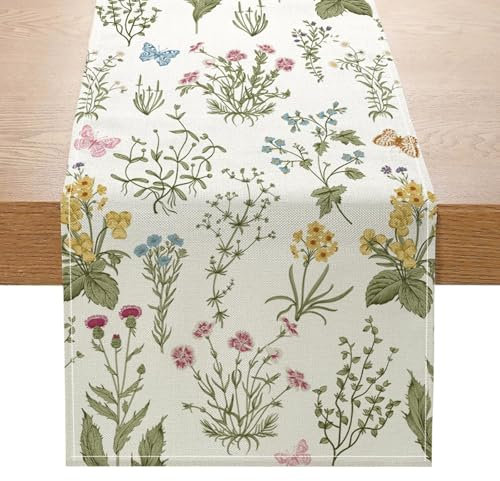 Tischläufer Frühling,Moderner Tischläufer Wildblumen Table Runner für Küche,Esszimmer & Outdoor,Abwaschbar Tischdeko für Garten,Sommer Party,Vintage Tischläufer Blumen Frühling Dekoration 33x183cm
