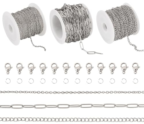 Boutigem 3 rollos de cadenas de cable de acero inoxidable de 15 m, kit de fabricación de pulseras, collares, cadena de cable de metal trenzado, cadenas de eslabones ovalados para hacer joyas