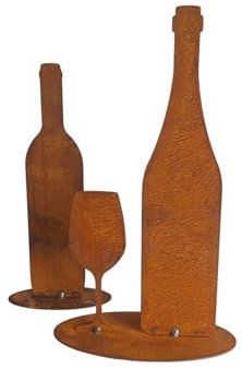 Bornhöft Gartendeko Weinflaschen-Set aus Edelrost, 30 cm Höhe, Tischdekoration mit Weinflasche und Glas rostige Dekoration für den Garten