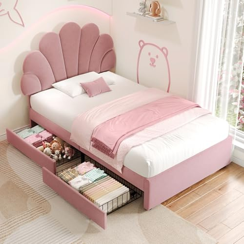 LULUWA 3ft Single Velvet Petal Bed with Adjustable Chic Petal Headboard and 2 Storage Drawers Upholstered Bed Frame with Solid Wood Slat No Mattress