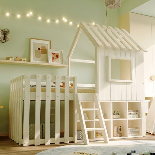 ZYLOYAL10 90 * 200cm Etagenbett Hausbett, vielseitiges Kinderbett aus Massivholz, bodentief, mit 3-Stufen-Leiter & Sicherheitsgeländer ausgestattet,Hausbett für Jungen & Mädchen (Weiß - D)
