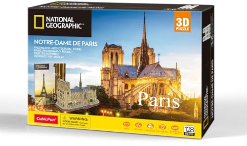 CubicFun 660986 National Geographic 3D Puzzle, Notre-Dame de Paris, 3D Modell Bastelset mit 128 Teilen, Modellbausatz für Kinder ab 8 Jahren