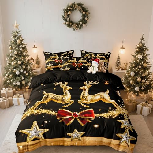 DXHOME Weihnachten Bettwäsche Set 135x200cm Schwarz Wintermotiv Weiche Mikrofaser Teenager für Mädchen Jungen Geschenke für Kinder Bettbezug mit Reißverschluss + 1 Kissenbezug 80x80 cm