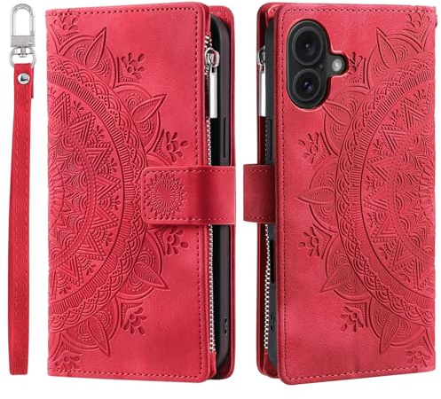 VEEMOS Handyhülle für iPhone 17 hülle Klappbar Blumen Handytasche Schutzhülle Klapphülle mit Kartenfach Handy Tasche Book Cover Flip Case Ständer - Rot