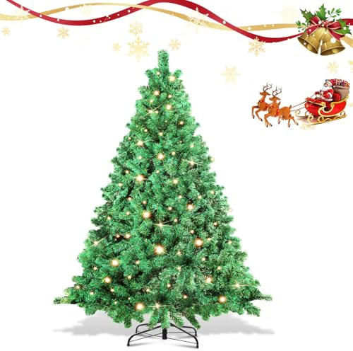 Eikuavons Árbol de Navidad artificial con iluminación, 180 cm, automático, ignífugo, de PVC con 860 puntas, incluye soporte de metal, 250 luces blancas cálidas, color verde