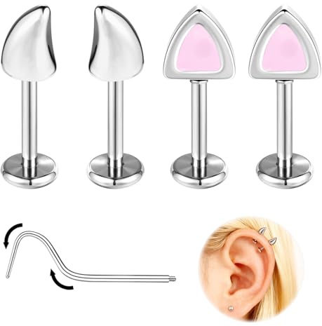ZS Demon & Cat Helix Ohrstecker–16G 6 mm/8 mm Edelstahl Knorpelohrringe–2 Paar Ohr, Tragus, Helix, Conch, Industrial Piercing Schmuck mit Silikonscheibe