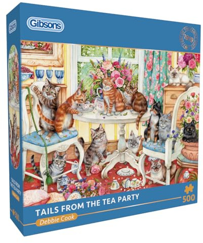Gibsons Tails from The Tea Party 500 Teile Puzzle für Erwachsene - Charmante Katze Nachmittagstee Party Szene Kunstwerk von Debbie Cook - Skurriles Design - Premium Nachhaltiges Puzzle Made in UK/EU