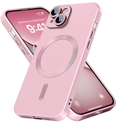 samanoya Coque Magnétique pour iPhone 15,Compatible avec MagSafe,Protège-Lentille Intégré Étui Housse Fine et Souple en Slim Silicone Antichoc à Brillance Métallisée (Or Rose)