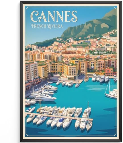 MJ-GRAPHICS® Poster Cannes Hafen Kunstdruck französische Riviera Wandbild vintage Deko mediterrane Farben Wohnzimmer Wanddeko maritimer Stil inspirierend A3 mit weißem Rahmen