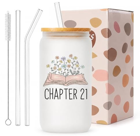 exylosluxek Chapter 21 Frosted Glass Drinking Tumbler, 21st Birthday Mug, 21st Birthday Gift for Her, Gift Set with Two Glass Straws and Cup Brush