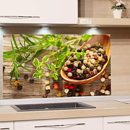 GRAZDesign Spritzschutz Glas für Küche Herd, Bild-Motiv Kräuter Gewürze im Löffel mediterran, Küchenrückwand Küchenspiegel Glasrückwand Herdblende 4mm ESG Glas / 60x40cm