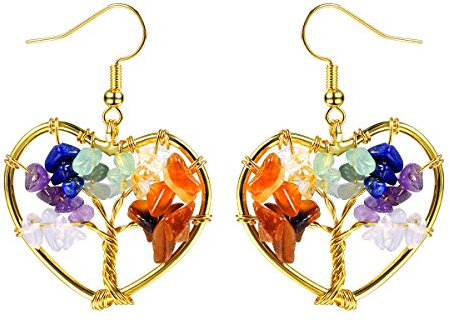 FOCALOOK Boucle d'Oreille Crochet Femme Plaqué Or Pendante Coeur Arbre de Vie avec Cristaux Chakra à 7 Couleurs