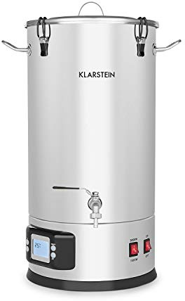 Klarstein Mash-Proof Boiler - Mash Kettle, Beer Brewing Plant, 2 Stages: 1500/3000 W, 5-piece Set, Filter Bucket, Cooling Coil, LCD Display, Drain, Silver, 30 litres