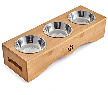 Unwstyu Triple gamelle en acier inoxydable pour chien et chat avec support en bambou