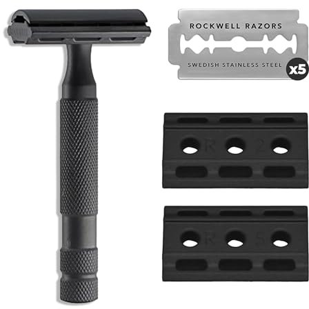 Rockwell Razors 6S verstellbarer Edelstahl-Sicherheitsrasierer mit zwei Kanten + 5 schwedische Edelstahl-Rasierklingen (schwarz)