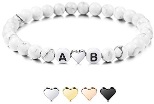 MeMeDIY Bracelet Initial Personnalisé Gravé Lettre Perle pour Copain Copines Couples Femmes Hommes Cheville Personnalisée Noir Agate Naturelle Blanc Turquoise avec Coeur À La Main