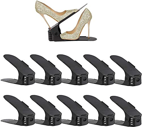 UrMsun Set de 10pcs de Organizadores Ajustables de Zapatos con Ranuras Soportes de Calzado Apilador para Zapatos Ahorro de Espacio (Negro)