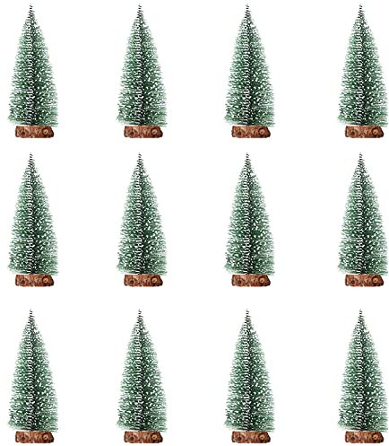 Niuirb Künstlicher Mini-Weihnachtsbaum aus Sisal, Schnee, Frost, 10 cm, Miniatur-Kiefer mit Holzsockel, Flaschenbürste, Bäume für Weihnachten, Zuhause, Party, Tischdekoration, 12 Stück