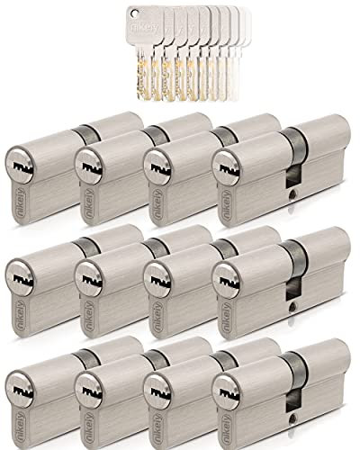 GERCAR Pro 12x Schließzylinder 45/45 gleichschließend Set 12 Profilzylinder inkl. 60 Schlüssel - 90 mm Türschloss Zylinderschloss 12er Zylinder - Länge: 90mm, A:45 B:45 - Messing matt massiv