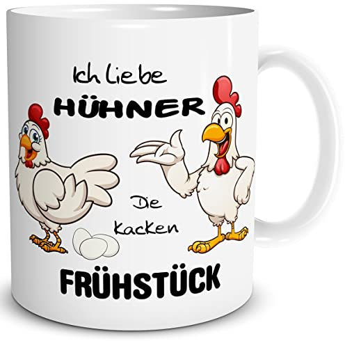 TRIOSK Tasse mit Spruch lustig Ich liebe Hühner Frühstück Oster Eier Huhn Geschenk für Landwirt Männer Frauen Bauern Hühnerliebhaber Ostern, Keramik 300ml