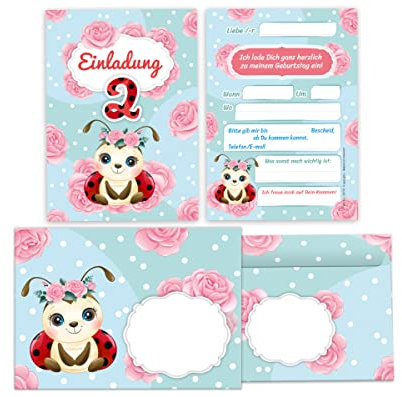 Junapack 12 Einladungskarten incl. 12 Umschläge zum 2. Kindergeburtstag zweite Geburtstag Mädchen Marienkäfer