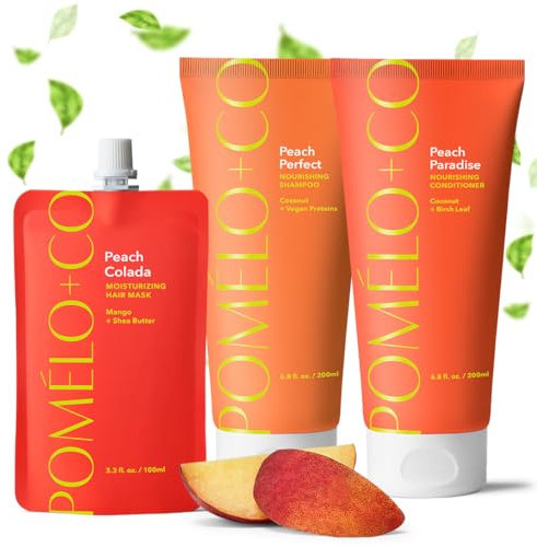 Pomélo+Co. Peach Trio: Haarmaske, Shampoo + Conditioner – feuchtigkeitsspendende Haarpflege für trockenes Haar – veganes* Haarpflege-Set mit reichhaltig-pflegenden Inhaltsstoffen