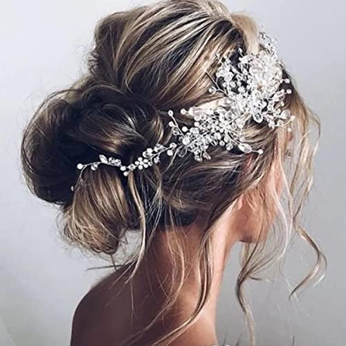 Bufenia Kristall-Braut-Kopfschmuck Blume Silber Braut Haarrebe Hochzeit Haarschmuck für Frauen