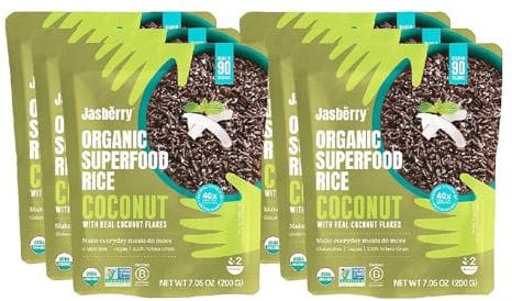 Jasberry Organic Coconut Rice – Ready to Eat Black Rice with Real Coconut Flakes | 6×200g Microwave Pouches | Vegan, Gluten-Free, Wholegrain | Quick Meal or Side Dish | Ready in 90 Seconds