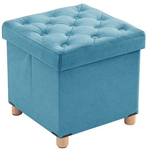 BRIAN & DANY Folding Storage Ottoman with Wood Legs, Velvet Footstools Cube for Living Room and Bedroom, 40x 40x 40 cm, Teal