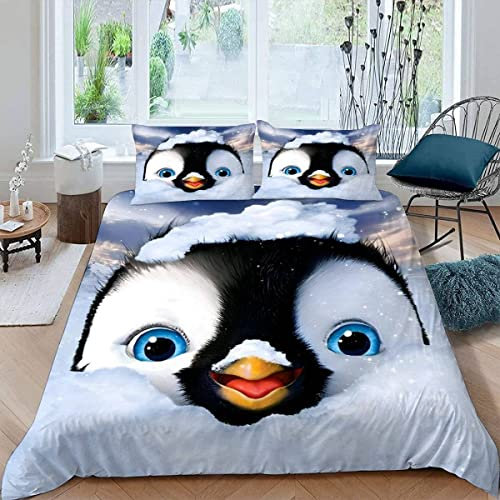ALABOW Pinguin Bettwäsche Set 135x200 cm 2teilig mit Reißverschluss Weiche und Angenehme Schlafkomfort Microfaser Bettbezug Winterthema Kinderbettwäsche mit Kissenbezug 80x80