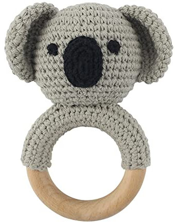 Baby Greifling Rassel Beißring,Tier Gehäkelte Babyrassel Häkeln Holz Greifling Baby Rassel Fuchs Tiger Löwe Hase Baby Montessori Babyspielzeug für Neugeborenes Baby Junge Mädchen Geschenk zur Geburt