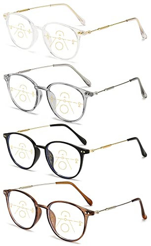 KOOSUFA Mode Runde Gleitsichtbrille Progressive Multifokus Anti-Blaulicht Lesebrille Damen Herren Computerbrille Arbeitsplatzbrille Metallbügel Lesehilfe Sehhilfe 4 Farben Set, 1.5