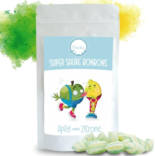 Bömskes Bonbonmanufaktur Super Saure Bonbons Apfel-Zitrone 180g – Extrem saure Bonbons mit Apfel-Zitrone Geschmack – Saure Süßigkeiten die Eure Geschmacksnerven zusammenziehen lassen