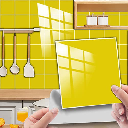 Piastrelle Adesive Cucina Giallo Mattonelle Adesive Bagno Pavimento PVC Adesivo Impermeabile a Prova di Spruzzi Mattonelle Adesive Resistente al Calore Adesivi Murali 15x15cm/10 Pcs