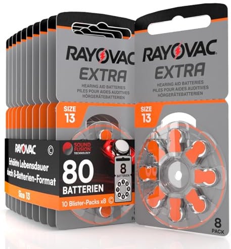80 Batterie Per Apparecchi Acustici Rayovac Extra Misura 13. - 10 Blister da 8 Pile