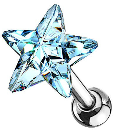 Taffstyle Piercing Stecker Stern Star Stud Strass Glitzer Zirkonia Kristall Ohr Cartilage Flach Tragus Helix Ohrpiercing Knorpel Barbell Stab mit Kugel Silber Hellblau