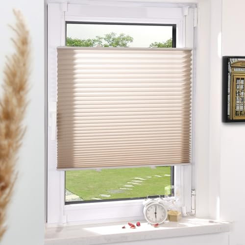 Plissee Klemmfix ohne Bohren Beige 100x110cm(BxH) Plissees lichtdurchlässig Blickdicht Jalousien ohne Bohren Fensterrollo Klemmrollos Sonnenschutz Sichtschutz Faltrollo Easyfix Rollos für Fenster