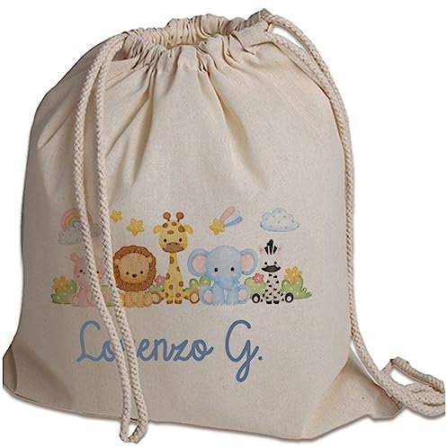 Sacchetto Porta Corredino Bebè Neonato Zaino A Sacca In Cotone 130gr Personalizzato con Nome e Animali Foresta Zoo Idea Regalo Natale Compleanno Primo Cambio Nuova Nascita Bimbo in Arrivo