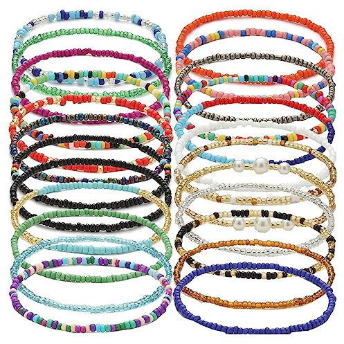 24 Pcs Böhmische Fußkettchen Armband, handgemachte Perlen Sommer Fußkettchen Armband Elastischer Faden Fußkettchen Bunte mehrschichtige Perlen Fußschmuck für Frauen Mädchen Damen