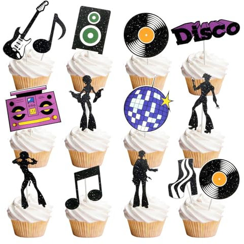 14 Stk. Tortendeko Musik Cupcake Topper 80er Deko Mottoparty Geburtstag Party Kuchen Dekoration Retro 70er 90er jahre Kuchenaufsätze Muffin Deko
